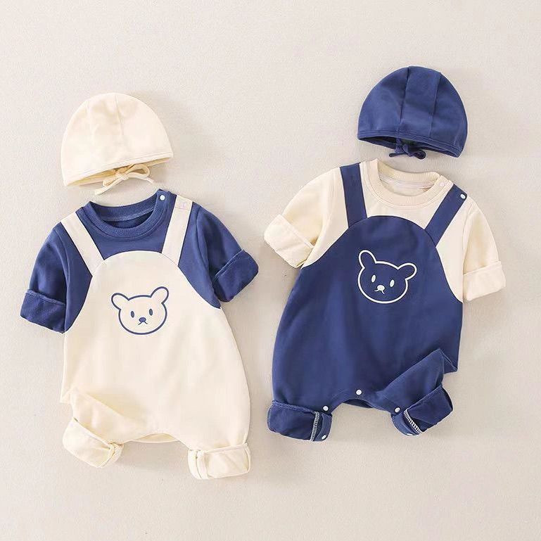 Adorable Bear Embroidered Baby Romper & Hat Set – Soft Cotton Long Sleeve Jumpsuit for Newborns & Infants – Unisex Navy, Cream, and Brown Outfits