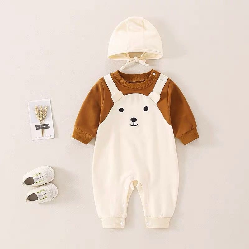Adorable Bear Embroidered Baby Romper & Hat Set – Soft Cotton Long Sleeve Jumpsuit for Newborns & Infants – Unisex Navy, Cream, and Brown Outfits