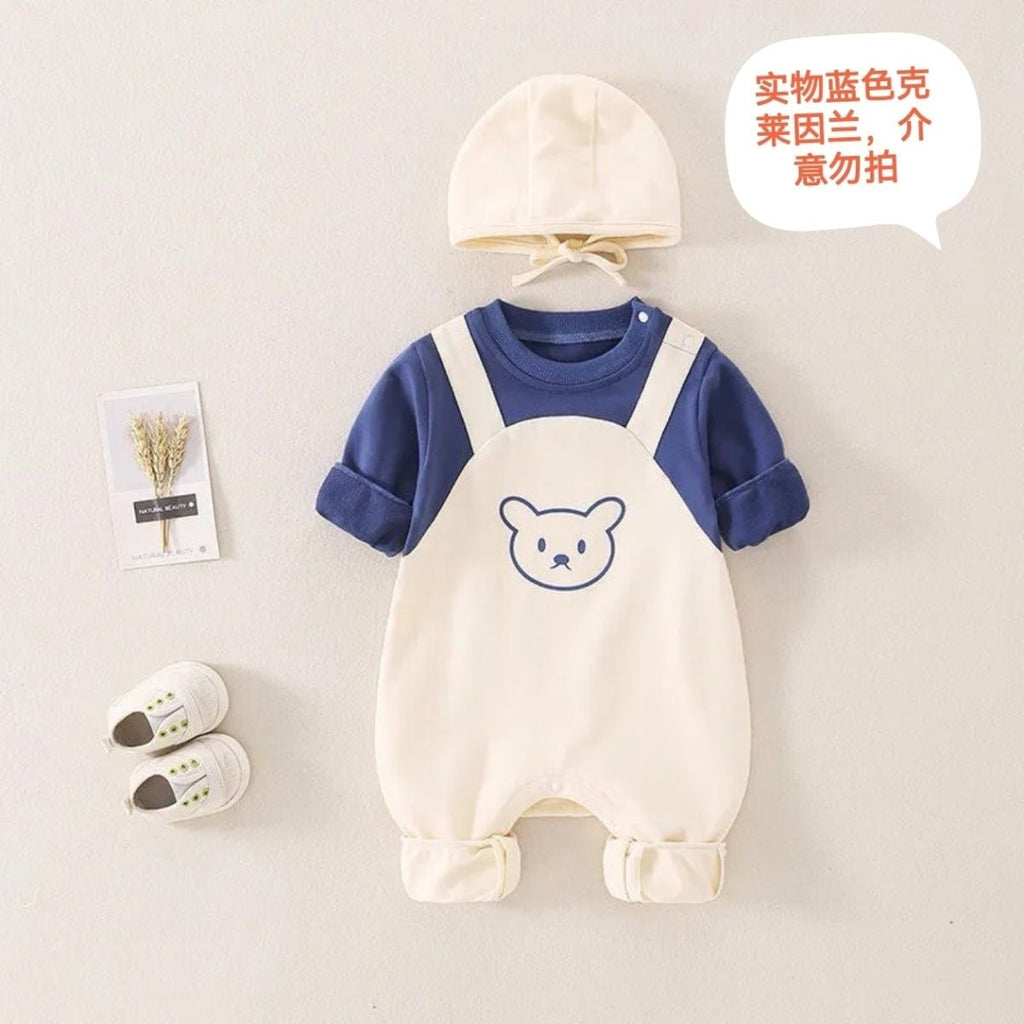 Adorable Bear Embroidered Baby Romper & Hat Set – Soft Cotton Long Sleeve Jumpsuit for Newborns & Infants – Unisex Navy, Cream, and Brown Outfits