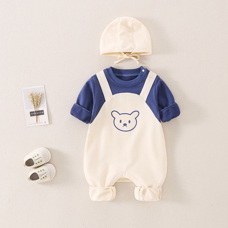 Adorable Bear Embroidered Baby Romper & Hat Set – Soft Cotton Long Sleeve Jumpsuit for Newborns & Infants – Unisex Navy, Cream, and Brown Outfits