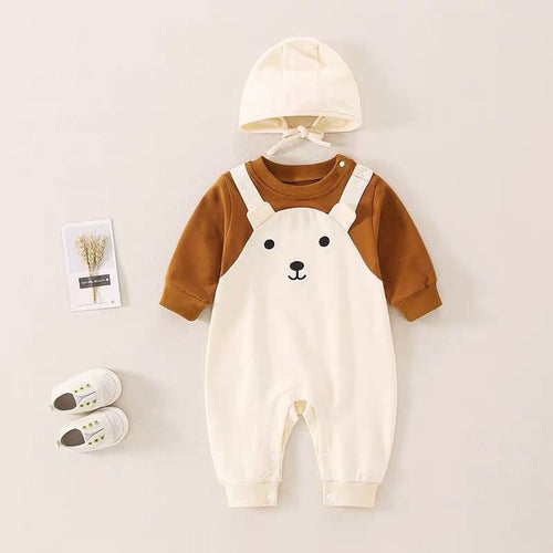 Adorable Bear Embroidered Baby Romper & Hat Set – Soft Cotton Long Sleeve Jumpsuit for Newborns & Infants – Unisex Navy, Cream, and Brown Outfits